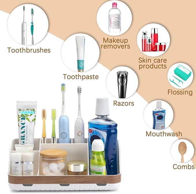 Bathroom Countertop Organizer - Detachable 7 Slots Kids Electric Toothbrush and Toothpaste Holde Drainage for Bathroom Accessories Organization Counter Vanity Storage, Woodgrain-NeatNest