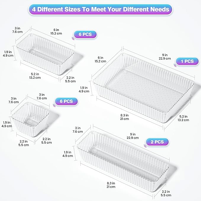 15 PCS Clear Plastic Drawer Organizer Set - 4 Sizes Makeup Organizer Desk Drawer Divider Bathroom Organizers and Storage Bins for Makeup, Jewelry, Gadgets, Office, Kitchen, Bedroom, Bathroom-NeatNest