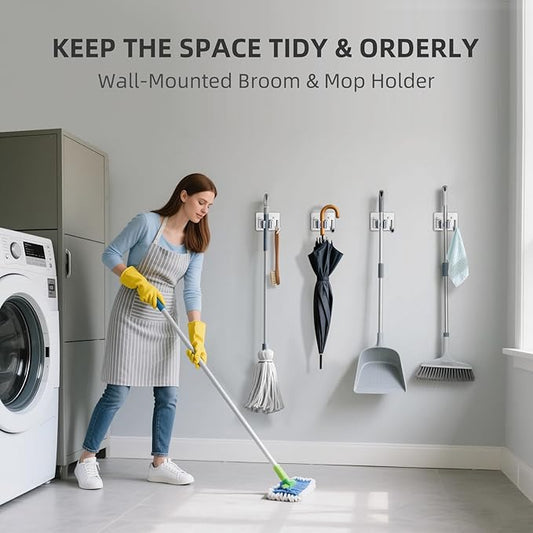 Broom Holder Wall Mount with Screws (4 Pack) Broom and Mop Organizer Wall Hanging, Anti-Slip Mop Holder Broom Hanger with Hooks, Stainless Steel Tool Rack for Garden Garage Organization-NeatNest