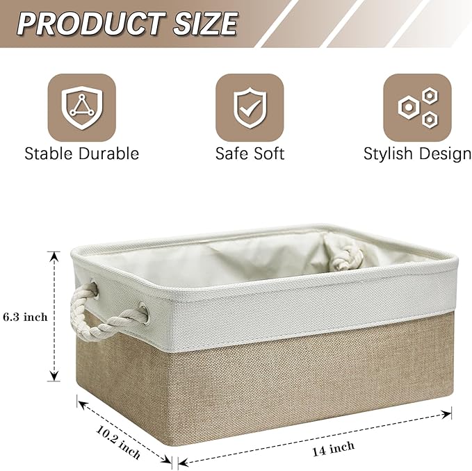 Fabric Storage Bins, 2 Pack Foldable Cube Baskets with Rope Handles, Large Collapsible Storage Cubes for Home, Office, Closet, Clothes, Books Organizer. (Khaki and White, 2PCS/14*10.2*6.3inch)-NeatNest
