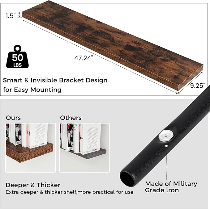 Floating Shelves for Wall, 48"W x 9"D x 1.5"H, 2 Pack of Long Wall Mounted Engineered Wood Shelves with Invisible Brackets for Living Room, Bedroom, Bathroom, Kitchen Decor, Rustic Brown-NeatNest