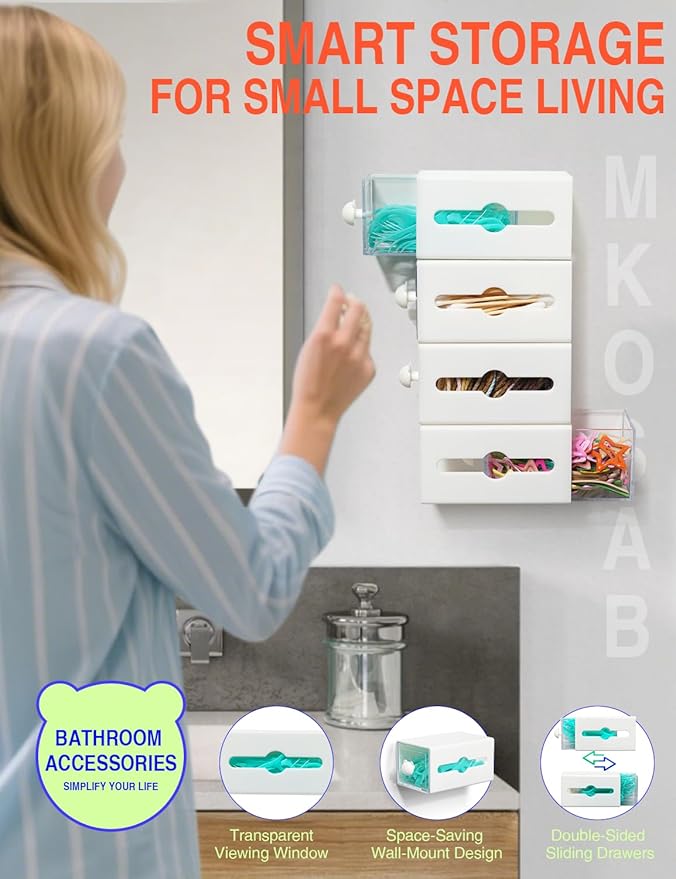 Qtip Holder for Bathroom Wall Organizer – Bathroom Decor, Dorm Room Essential, Small Q-tip Dispenser for Cotton Swabs, Balls, Pads, Floss Picks – Office Storage, Vanity Makeup Organizer (4 Pack)