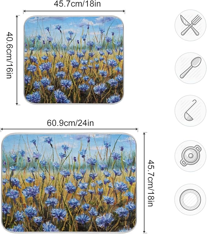 Absorbent Dish Drying Mat for Kitchen Counter - Oil Painting Flowers Microfiber Drying Pad, Reversible Drainer Mats for Countertop, Small 16" x 18"