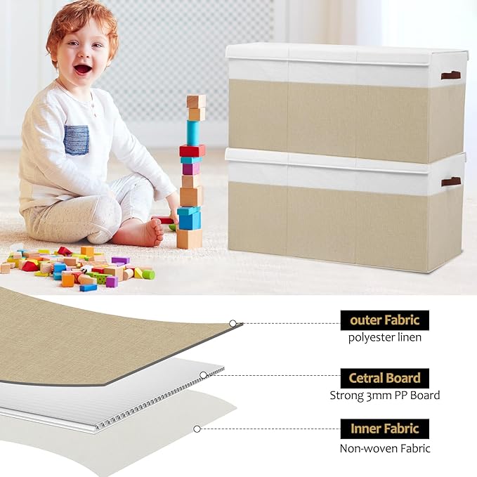 Extra Large Toy Storage Box with Lid, Sturdy Toys Storage Chest Bin Organizer Basket with Dividers for Kids, Boys, Girls, Nursery, Closet, Bedroom, Playroom 35.5"x17" x17" (Beige and White)-NeatNest