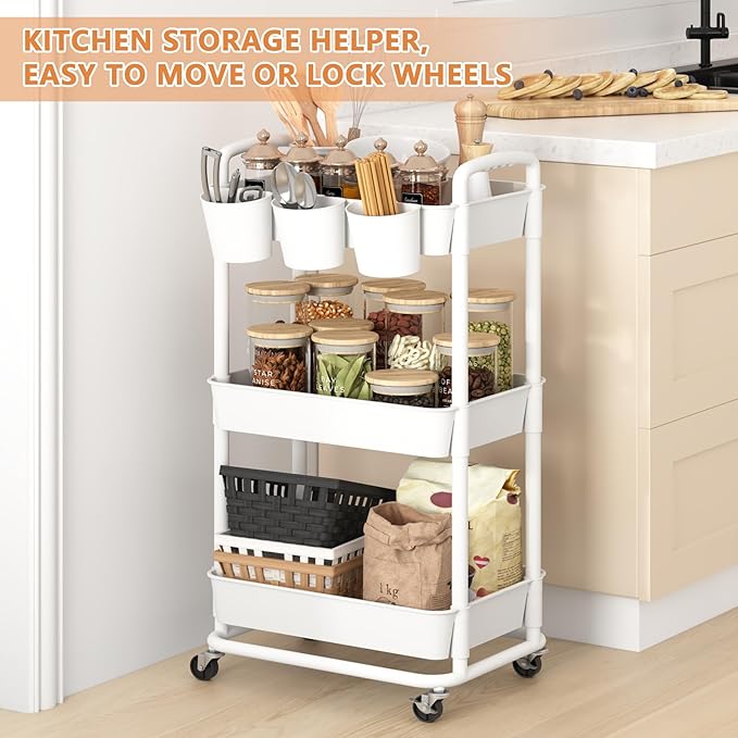 JIUYOTREE 3-Tier Plastic Rolling Storage Cart Utility Cart with Extra Hanging Cups Handles Lockable Wheels for Living Room Bathroom Kitchen Office White-NeatNest