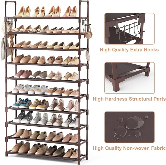 VTRIN 10 Tiers Shoe Rack Tall Large Capacity 50 Pairs Wide Shoe Organizer Sturdy Shoe Shelf for Entryway with Two Hooks Metal Shoe Storage for Closet, Bedroom, Brown-NeatNest