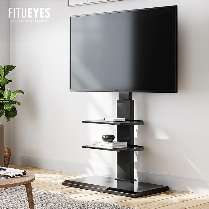 FITUEYES Iron Base Universal Floor TV Stand with Swivel Tilt, TV Mount Stand for 32-75 Inch Screens, Corner TV Stand with Height Adjustable Entertainment Shelves (Black)