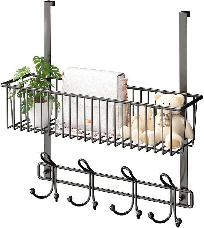 Over The Door Hooks Organizer,Door Hanger Door Storage with Basket,Over The Door Towel Rack Coat Hooks with 12 Hooks,for Bathroom,Bedroom,Kitchen,Office,Apartment(Black)