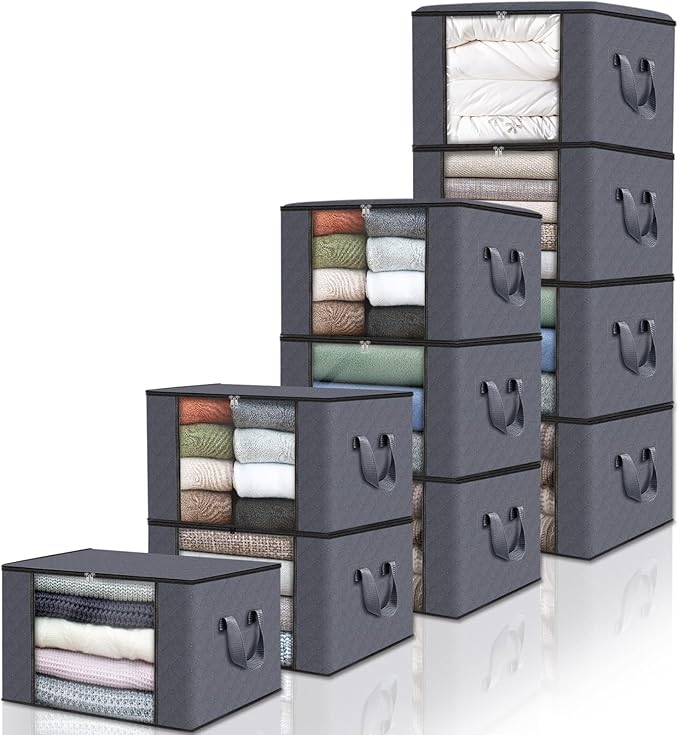 Fab totes 10 Pack Clothes Storage, Foldable Thick Fabric Blanket Storage Bags, Containers for Organizing Bedroom, Closet, Clothing, Comforter,Closet Organization with Handle,Grey-NeatNest
