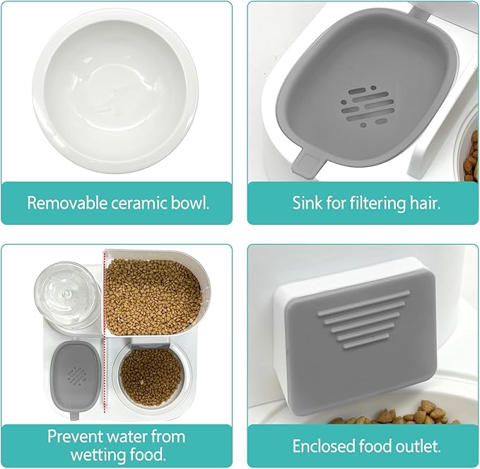 Fhiny Gravity Cat Feeder and Water Dispenser, 2 in 1 Automatic Pet Waterer Detachable Ceramic Food Bowls Set Pet Food Storage for Small Dog Puppy Cat Kitten Pet Easy Clean (Grey)-NeatNest