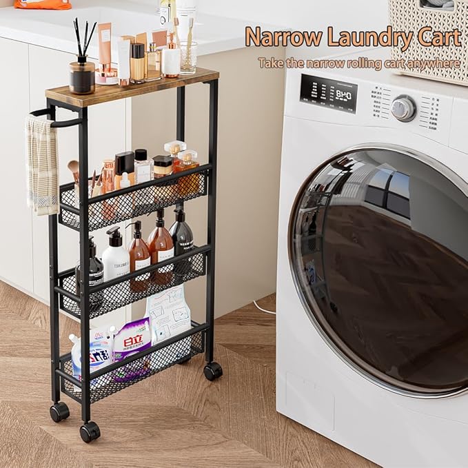 Slim Rolling Cart 4 Tier Narrow Storage Cart on Wheels with MDF Board Top and Metal Handle for Small Space Kitchen Living Room Home Office Pantry Bathroom Laundry Room(16.54×5.12×30.31 inch)