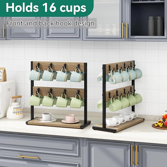 IBUYKE Wood Coffee Mug Holder for Countertop,16 Hook Mug Tree Holder Rack with Storage Base,Mug Display Organizer,Mug Holders for Home Kitchen,Greige UTBJ001Y-NeatNest