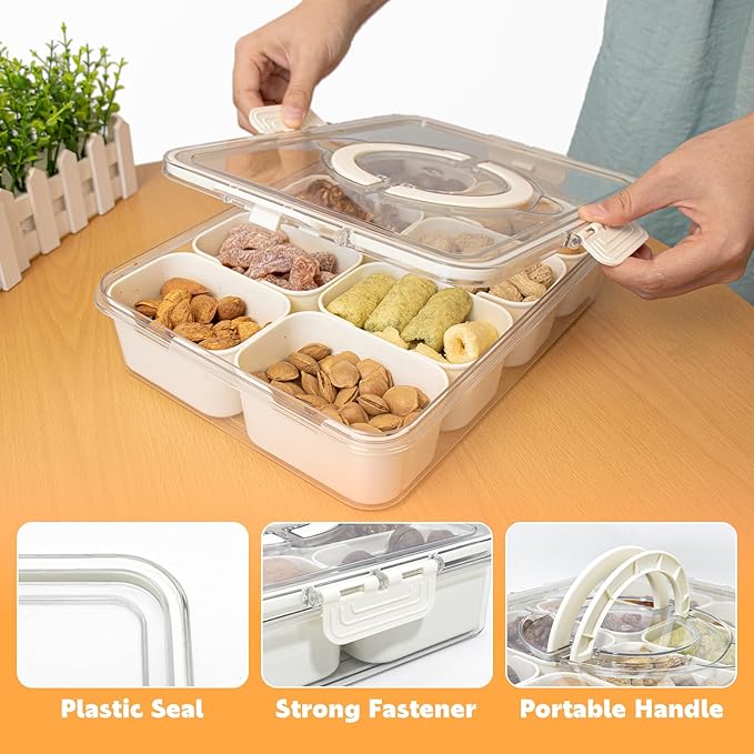 Divided Serving Tray with Lid and Handle,8 Compartments Snacks Box,Snack Fruit Tray,Veggie Tray,Portable Platter for Candy Fruits Nuts Snack Party Entertaining Picnic(2 PCS)-NeatNest
