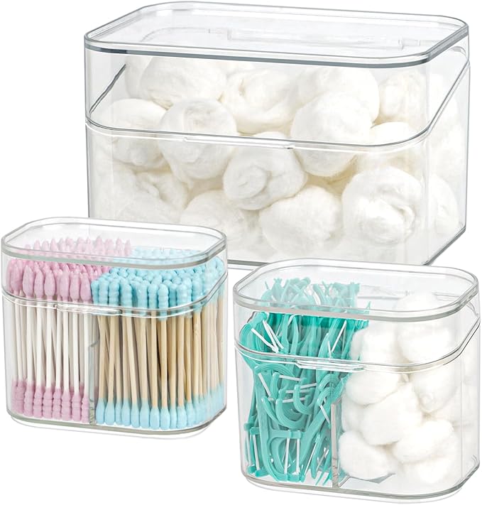 Clear Bathroom Organizer, 2-Size Essentials Set for Hail Accessories & Beauty Supplies,Cotton Swabs,Balls,Pads - Small Clear Plastic Canister Apothecary Jar Set, Vanity Makeup Storage Organizer (L+2S)-NeatNest
