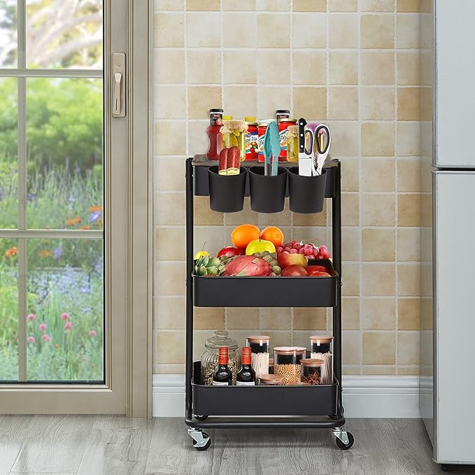 3-Tier Metal Utility Rolling Cart Storage Side End Table with Cover Board and Handle for Office Home Kitchen Organization, Black