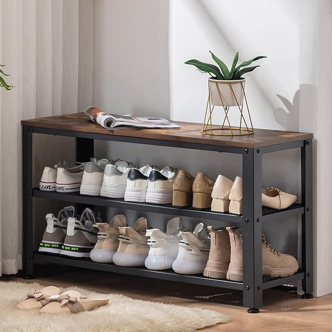 Apicizon Shoe Rack, 35.5 Inches 3-Tier Shoe Rack for Entryway with Long Seat and Metal Shelves for Garage, Industrial Storage Bench with Steel Structure for Living Room, Bedroom, Mudroom, Rustic Brown-NeatNest
