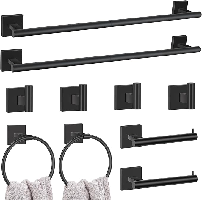 10 Pieces Black Towel Bar Set, 23.6 Inch Bathroom Accessories Set SUS304 Stainless Steel Bathroom Hardware Set Towel Racks for Bathroom Wall Mounted.