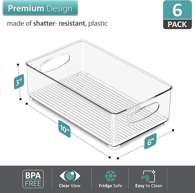 Sorbus Stackable Refrigerator Organizer Bins - Clear Storage Bins for Kitchen Pantry, Freezer & Fridge Organization - Food Organizing Plastic Containers with Handles for Countertops & Drawers (6 Pack)-NeatNest