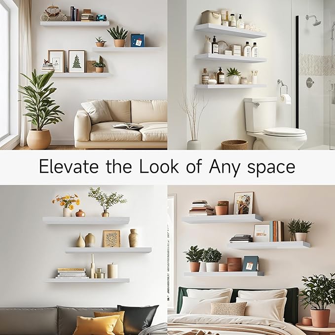 BAYKA Floating Shelves for Wall, 36 inches Wall Mounted Rustic Wood Shelves for Bathroom, Bedroom, Living Room, for Storage/Decor with 30lbs Capacity๏ผWhite,Set of 3-NeatNest