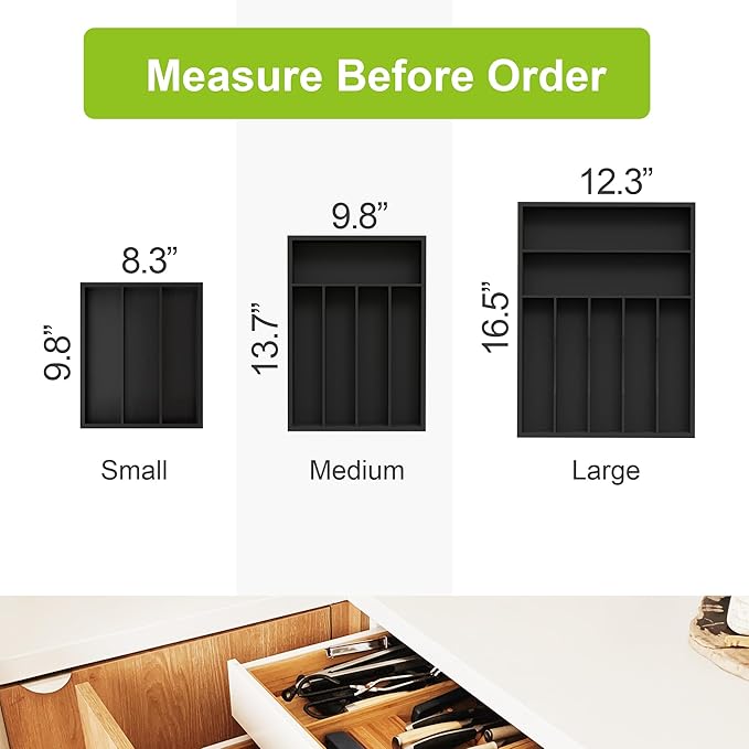 Bamboo Utensil Drawer Organizer, Silverware Tray Organizer, Kitchen Drawer Organizer for Flatware Cutlery (Black, 3 Slots)-NeatNest