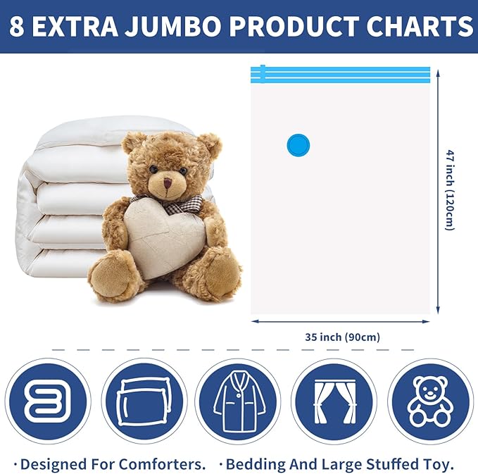 8 Pack XXL Jumbo Vacuum Storage Bags, Extra Jumbo Space Saver Bags Compression for Comforters, Bedding and Blankets, Extra Large Vacuum Sealed Bags for Huge Stuffed Toy (47x35 in)-NeatNest