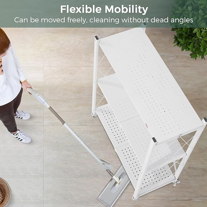 DEANIC 3 Tier Foldable Storage Shelves with Wheels, Kitchen Appliance Stand, Freestanding Metal Wire Shelf Rack, No Assembly Organizer Rolling Cart for Garage, Basement, Pantry(White)