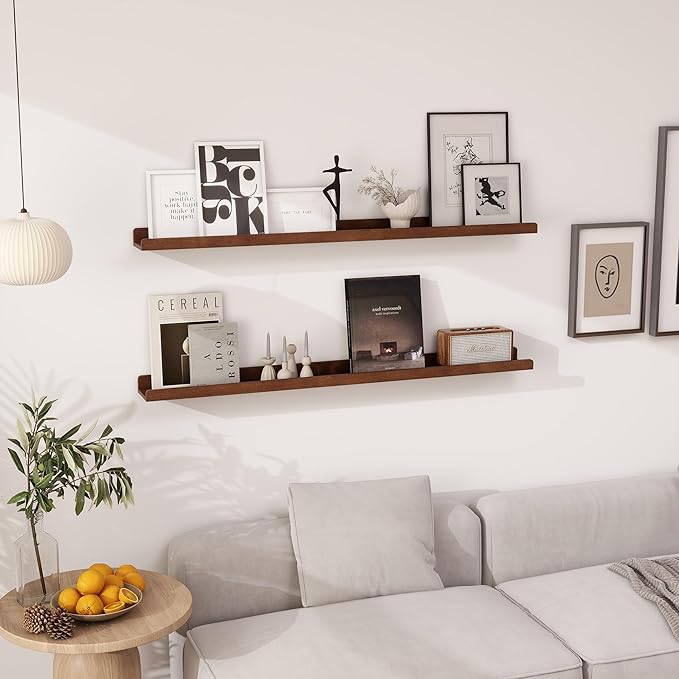 Floating Shelves for Wall 48 Inch | Picture Ledge Shelf Set of 2 | Solid Ash Wood Floating Shelves with Lip | Dark Wood Picture Shelf for Wall with Ledge | Photo Ledge Shelves-NeatNest