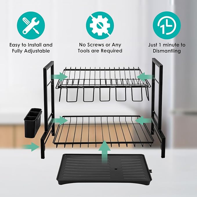 2-Tier Dish Drying Rack Dish Drainer Dish/Cup/Cutting Board Cutlery Holder Dish Drainer Rack Multifunctional Storage Rack w/Drainboard & 360° Telescopic Drain Pipe for Kitchen (Black)