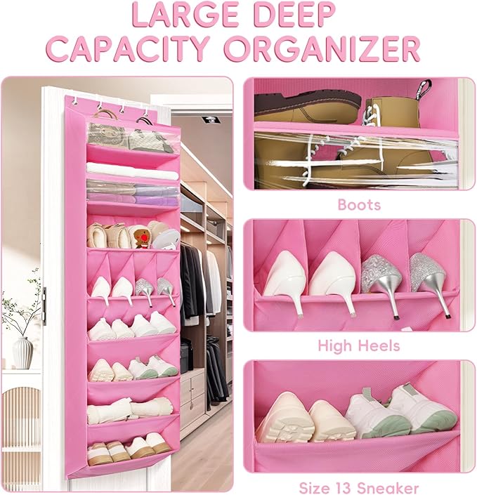 FENTEC 1 Pack 8 Shelves Over The Door Shoe Organizer,68" Exlarge Deep Pockets Hanging Shoe Organizers, Shoe Rack for Closet, Shoe Holder for Boots,Over Door Organizer in Home, RV, Dorm, Pink-NeatNest