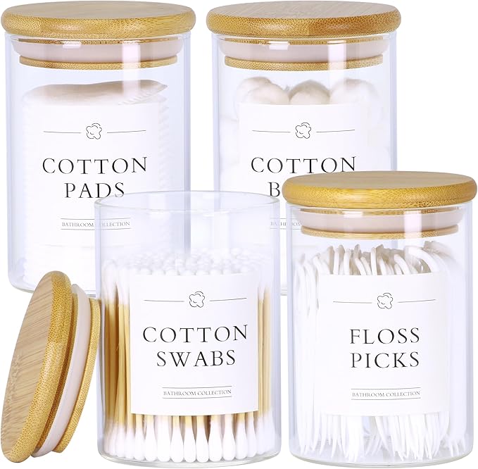 4 Pack Qtip Holder Dispenser - Glass Apothecary Jars with Lids, Cotton Ball Pad Swab Round Holder, Bamboo Bathroom Accessories, Bathroom Organizers Containers Jars Canisters with Lids-NeatNest