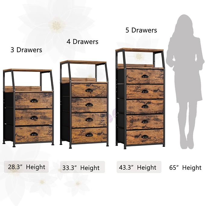 Furnulem Tall 5 Drawers Dresser, Vertical Storage Tower Fabric Dresser for Bedroom, Hallway, Entryway, Nursery, Closet Organizer, Nightstand Bedside Table Furniture, Sturdy Steel Frame, Wood Top-NeatNest