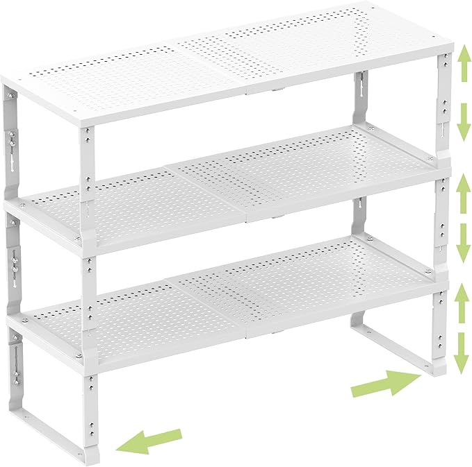 Heavy-Duty Adjustable Metal Shelf Organizer - Expandable & Stackable Pantry Storage Rack for Kitchen, Bathroom, RV, Cabinets(3 Packs/White, Large)