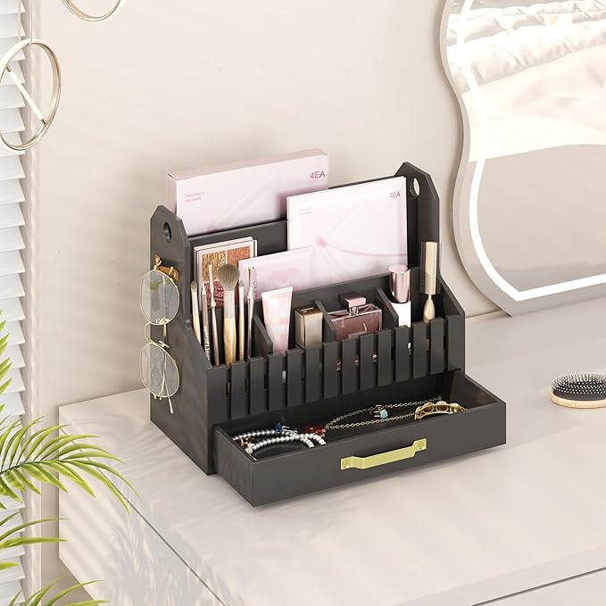 Bamboo Mail Organizer Countertop with Drawers, Wood Desk File Organizer Desktop Paper Organization Storage Bill & Letter Sorter Holder for School Home Office Supplies, No Assembly Required (Black)-NeatNest