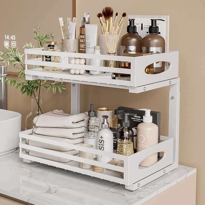 Under Sink Organizer, 2 Tier Under Sink Organizers and Storage, Adjustable Height, Slide out Metal Cabinet Organizers, Pull out Cabinet Storage Drawer Shelf for Kitchen Bathroom White, 2 Pack-NeatNest