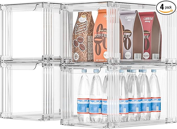 Stackable Kitchen Storage Drawers,Clear with Handles Acrylic Bathroom Makeup Organizer Bins,Easily Assemble,For Vanity, Undersink, Kitchen Cabinet,Pantry Organization and Storage (4Pack)-NeatNest