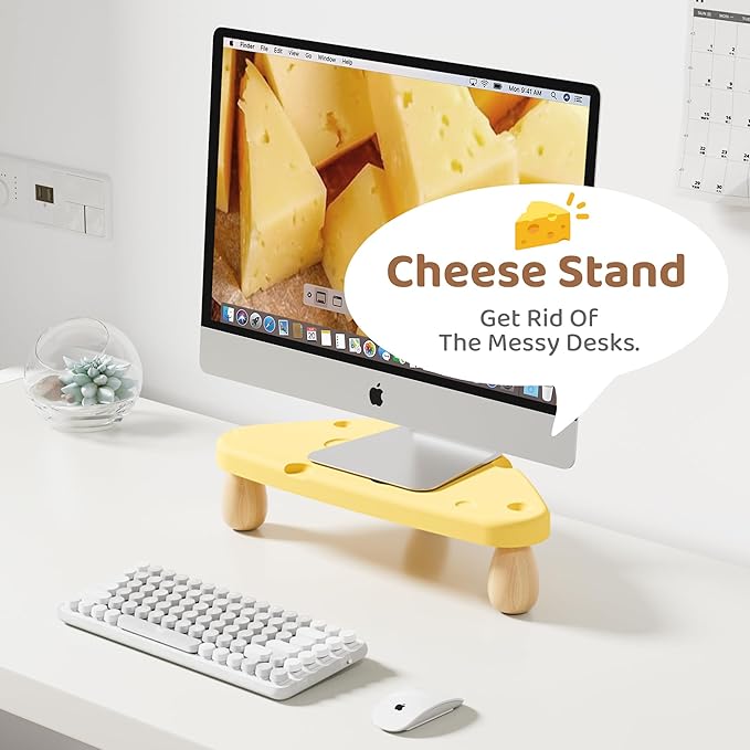 Cute Monitor Stand Riser,Cheese-Shaped Sturdy Desktop Computer Stand Wood Yellow Monitor Riser for Laptop, PC, Computer,Yellow-NeatNest