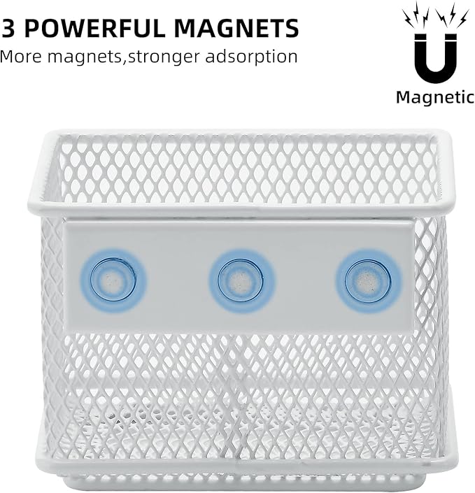 dedoot 2 Pack Pen Holder, 3.45x2.3x2.6inch Magnetic Basket Locker Organizer Metal Mesh Pencil Memo Holder for Whiteboard, Fridge, Desk, Offices,White-NeatNest