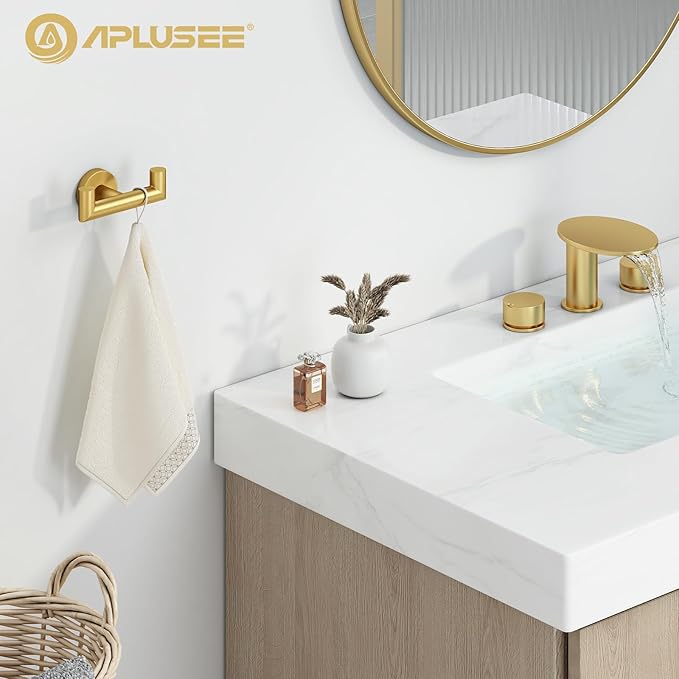 APLusee Brushed Gold Double Hand Towel Hook, 304 Stainless Steel Coat Hanger Luxurious Style, Bathroom Accessories Wall Mounted