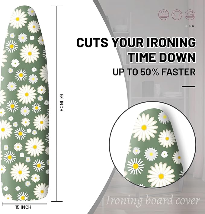 Extra Thick Ironing Board Cover and Pad, 15x54 Ironing Board Cover, Resist Scorching and Staining,Elastic Edges,Sage Green White Daisy Spring Flowers