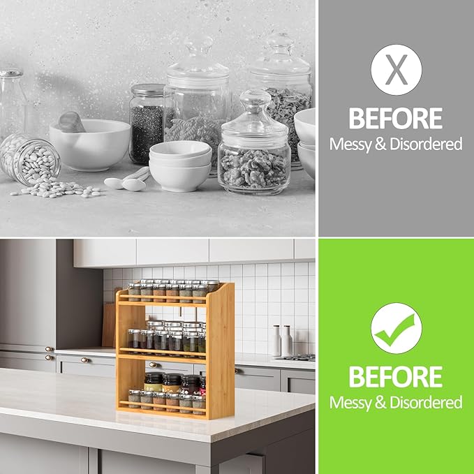 Bamboo Spice Rack Organizer, 3 Tier Spice Jars Shelf for Kitchen Countertop or Wall Mounting-NeatNest