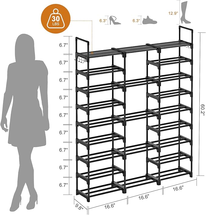 WOWLIVE 9 Tiers Large Shoe Rack Storage Organizer for Closet 50-55 Pairs Shoe Tower Unit Shelf Stackable Shoe Rack with Metal Pipes Plastic Connectors Black(SSS3B9)-NeatNest