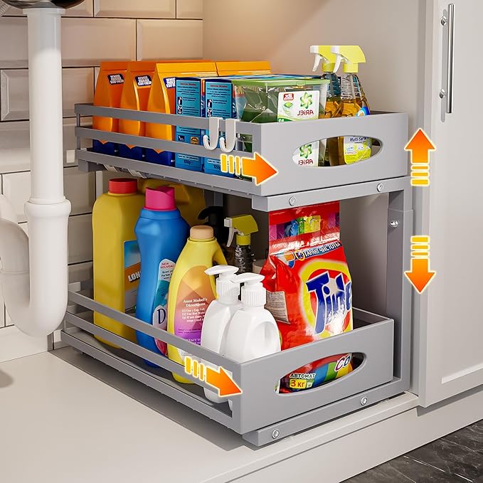 Under Sink Organizer, 2 Tier Under Sink Organizers and Storage, Adjustable Height, Slide Out Metal Cabinet Organizers, Pull Out Cabinet Storage Drawer Shelf for Kitchen Bathroom Gray, 1 Pack-NeatNest