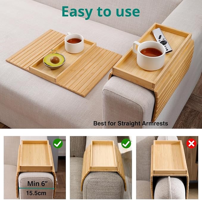 DETOR Couch Arm Tray, Foldable Sofa TV Tray with Capacious 12.4" x 5.4" Storage Box, Natural Bamboo Finish, Enhanced Nonslip Felt Bottom, Sturdy Bamboo Slats Material | for Armrests 6" and Wider-NeatNest