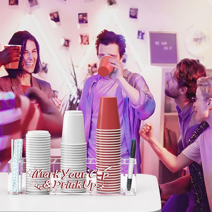 Cup Holder with Marker Slot - Mark Your Cup and Drink Up Countertop Disposable Plastic Cup Organizer Dispenser for Wedding Kitchen Bar Caddy Party Decor Hostess Gifts for Women, Clear Acrylic
