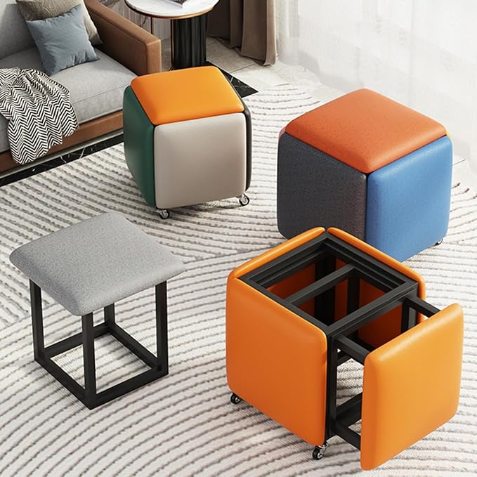 5 in 1 Nesting Ottoman Pouf Cube Chair Stackable Sofa Chair Pouf Stool Nesting Ottoman Stool with Wheels, Space-Saving Metal Frame Foot Rest for Living Room, Dining Room, Bedroom, Small Spaces