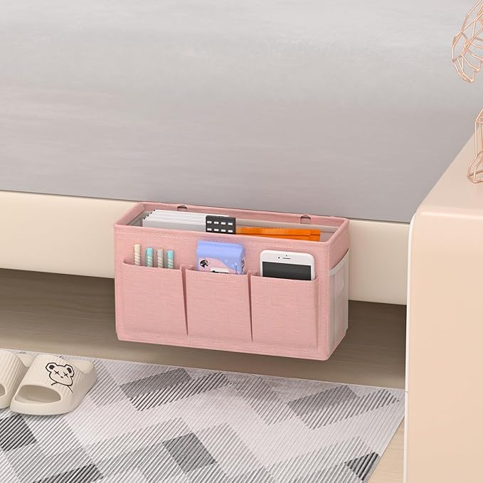 Dual-purpose Bedside Caddy Bedside Organizer, Bed Caddy with 6 Pockets, Versatile Bedside Storage Solution Magazine Remotes holder, ideal for Home, Dorm, Hospital, Crib Bed (Pink)-NeatNest