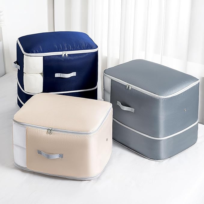 Comforter Storage Bag - 130L Blanket Storage Bags 3-Layer Ultra Space Saving Self Compression Organizer, Washable Compression Bags for Storage Comforter Blanket, 6-Pack, Navy Blue-NeatNest
