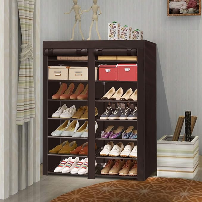 ERONE Shoe Rack Storage Organize, 28 Pairs Portable Double Row with Nonwoven Fabric Cover Shoe Shelf Cabinet for Closet-NeatNest