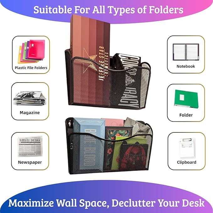 6 Single Pocket Mesh Wall File Organizer, Metal Vertical Wall Mounted Magazine Mail Paper Document Folder Holder for Office Home School, Black
