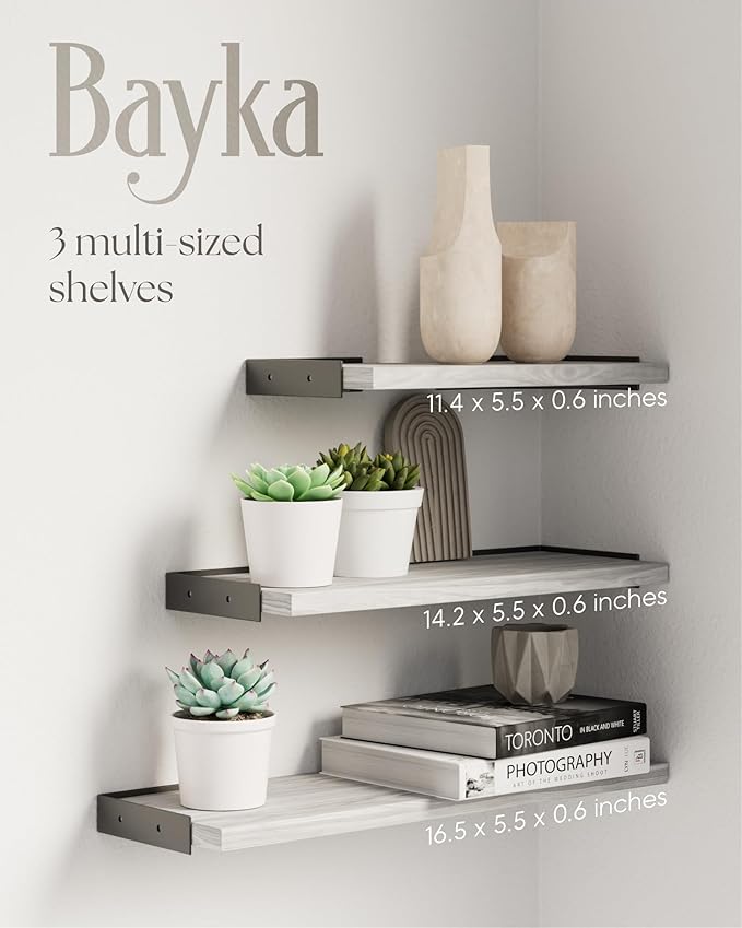 BAYKA Wall Shelves for Bedroom Decor, Floating Wall Shelves for Living Room Kitchen Storage, Wall Mounted Rustic Wood Floating Shelves for Kids Books, Corner Shelf for Bathroom(Gray White,Set of 4)-NeatNest